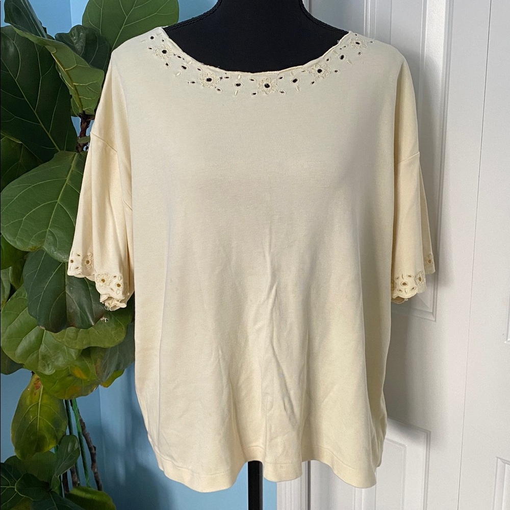 J.Jill 1W 100% Cotton Soft Yellow Floral Detailed Short Sleeve Shirt